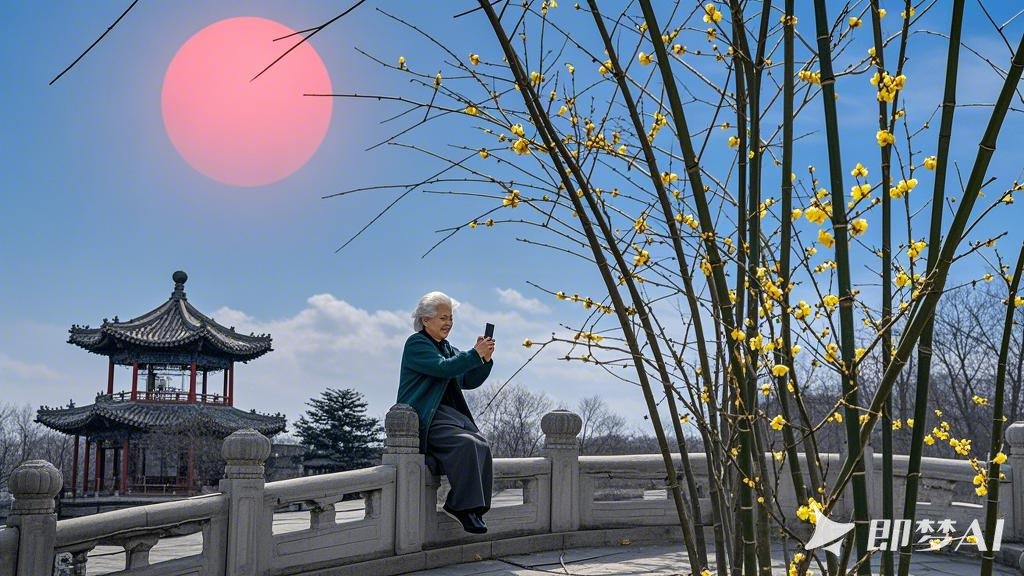 北京立春日。公园树上没有树叶，一古亭边有竹子树。古亭边上有腊梅树开花了、坐着一位.jpeg