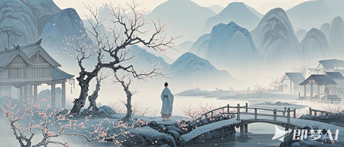 极淡吹墨，水墨艺术融合成空灵，孤寂，山水意境，极简，人，腊梅花风木屋，小桥流水人.jpeg