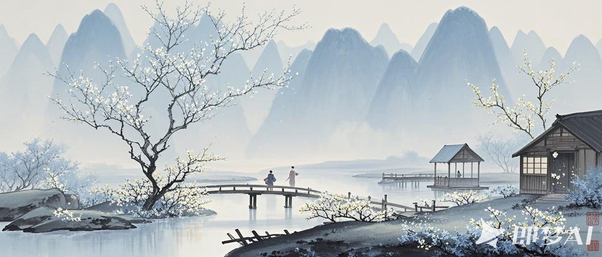 极淡吹墨，水墨艺术融合成空灵，孤寂，山水意境，极简，人，腊梅花风木屋，小桥流水人.jpeg