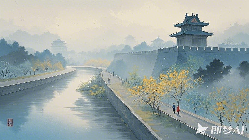春，极淡极淡的水墨，晕染大写意，朦胧的早晨，诗意的，大面积留白，一段城墙，远处有.jpeg
