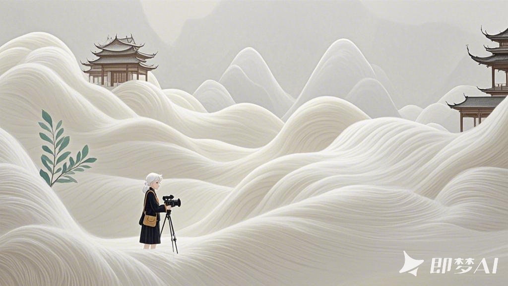 中国风，毛茸茸流体，极简主义，画面干净，流线描绘的高山、植物和中式建筑,曲线灵动,.jpeg