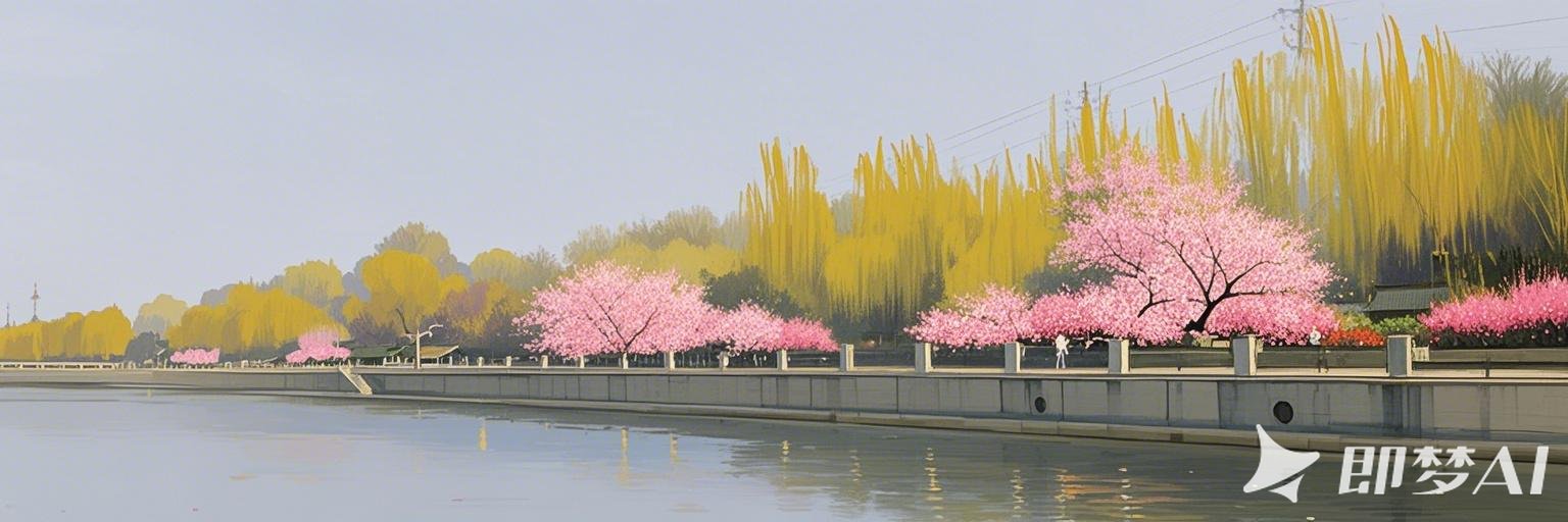 国风写意，岩彩，大面积留白，极简背景，极简风格，大写意，一座城市的公园，有一条河.jpeg