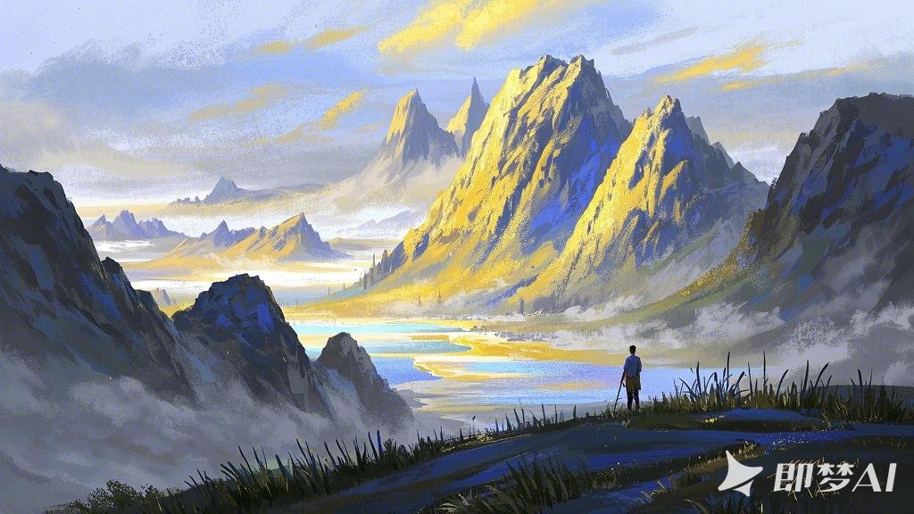 山河，大场景，远山 大地像一幅宣纸，草尖刺破宣纸，给宣纸染上春天的色彩。一个人站.jpeg