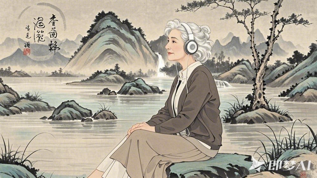 在淡雅的水墨画风格背景下，一个穿着现代服饰的中年白发女性坐在河边戴着耳机听音乐，.jpeg