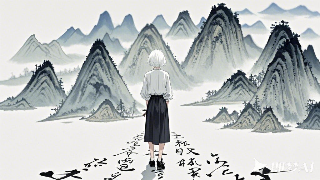 一个非常非常小的白发女人站在非常非常远的位置，人物背影，脚下是一道随意的书法字淡.jpeg