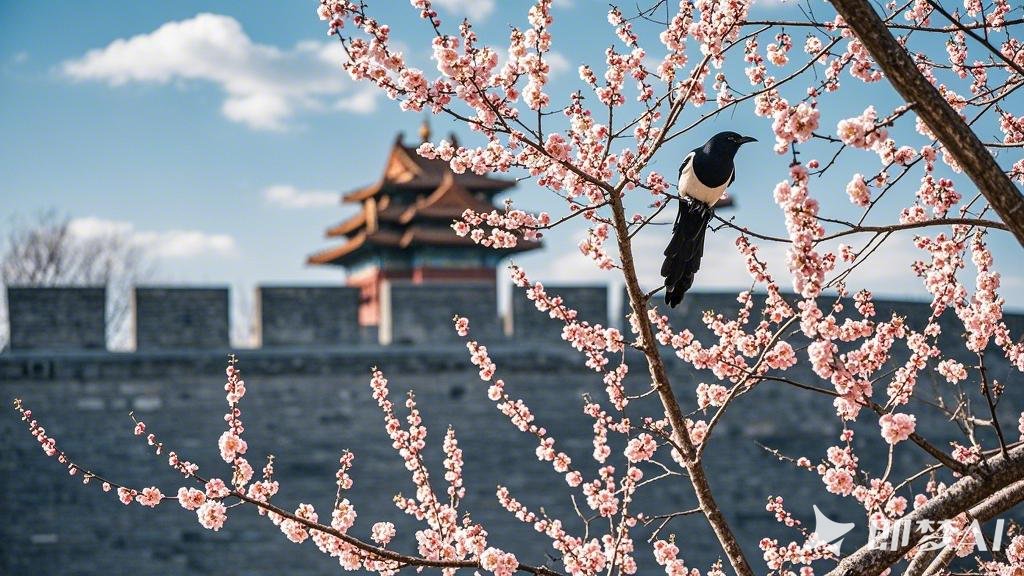 电影摄影：梅花开了。背景是一段城墙，不高，残段，城墙下是梅园，白色 粉色的梅花开.jpeg