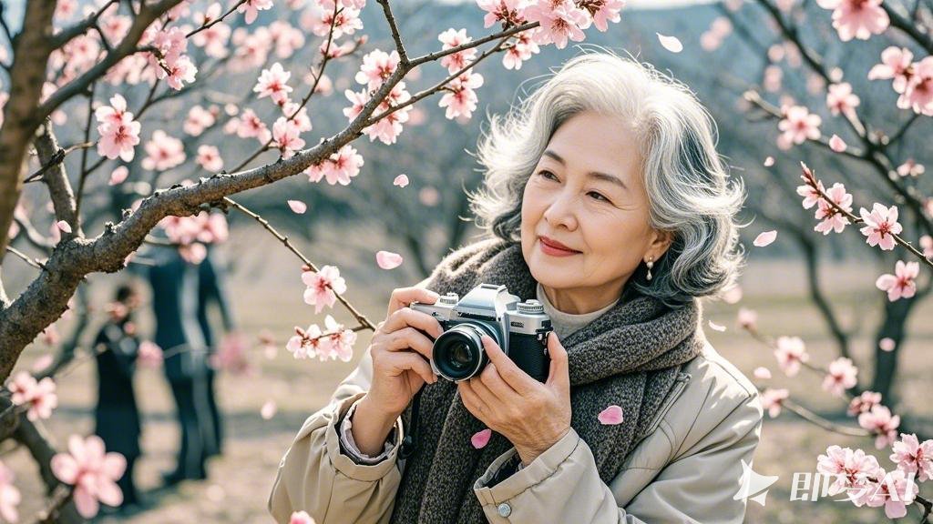 双重曝光，中年白发女性，端着相机在拍摄，人物比较小，大广角，服饰中是春天的风光，.jpeg