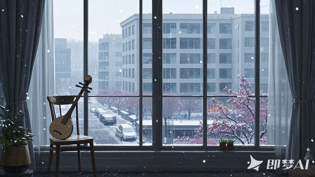 下雪天，高层楼房，在现代家居室内轻奢布局，宽大的玻璃窗窗前有一把椅子，上面立着一.jpeg