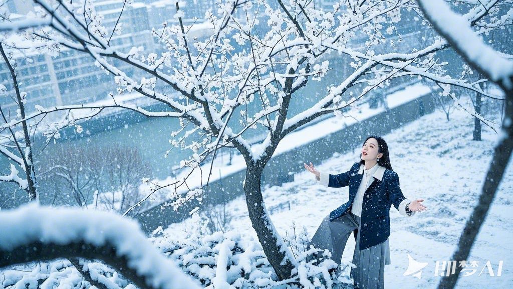 下着雪，城市的公园中，有梅花盛开。一位年轻姑娘现代服饰，站在梅花树下使出双手接雪.jpeg