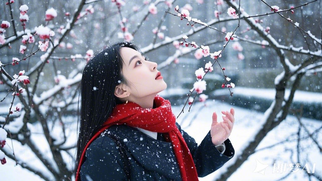 下着雪，城市的公园中，有梅花盛开。一位年轻姑娘现代服饰，站在梅花树下使出双手接雪.jpeg