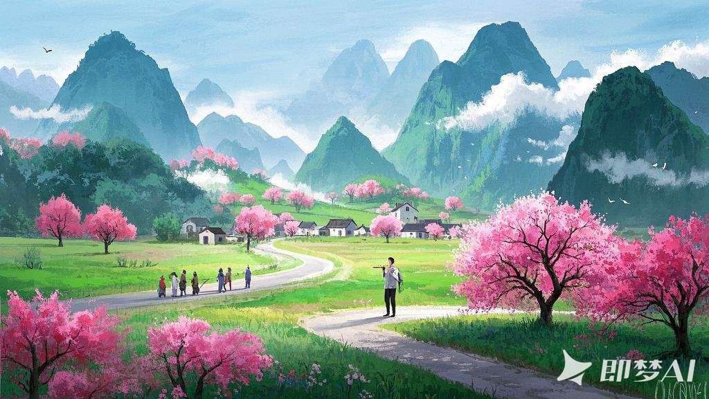 流体水彩,意境,空旷,羊毛毡材料做的远山,小路,云雾,小村,春天，路边有桃树在看着花，.jpeg