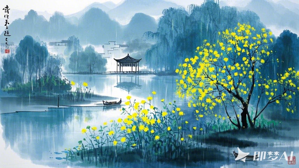 烟雨下江南，水墨，进深感，小湖边，小黄花，一棵黄花树，树后小水榭，远处有一小舟，.jpeg