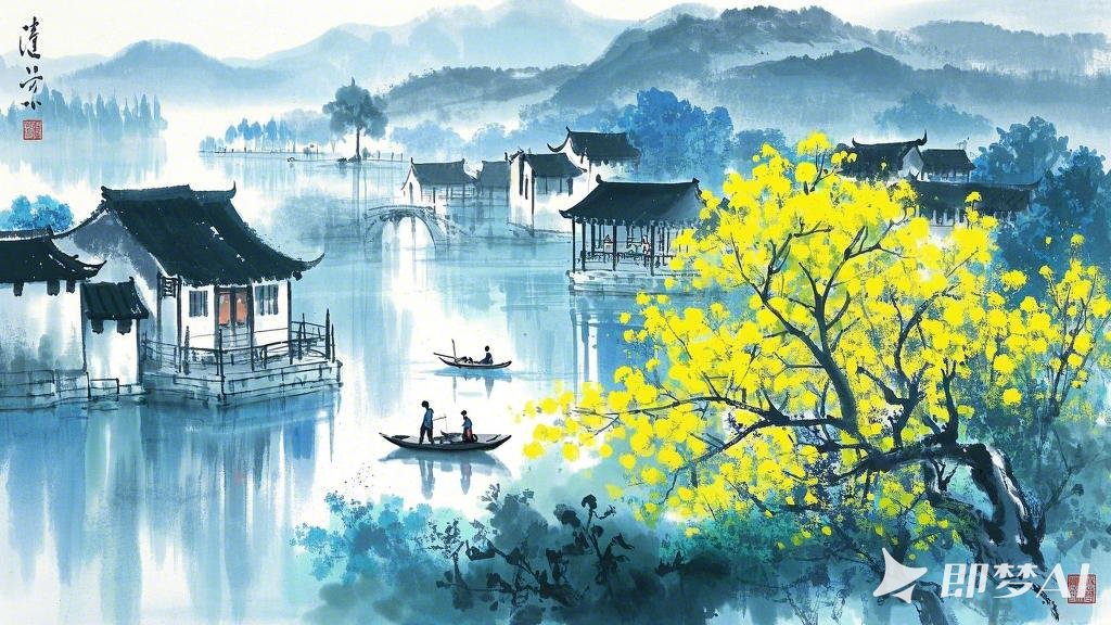 烟雨下江南，水墨，进深感，小湖边，小黄花，一棵黄花树，树后小水榭，远处有一小舟，.jpeg