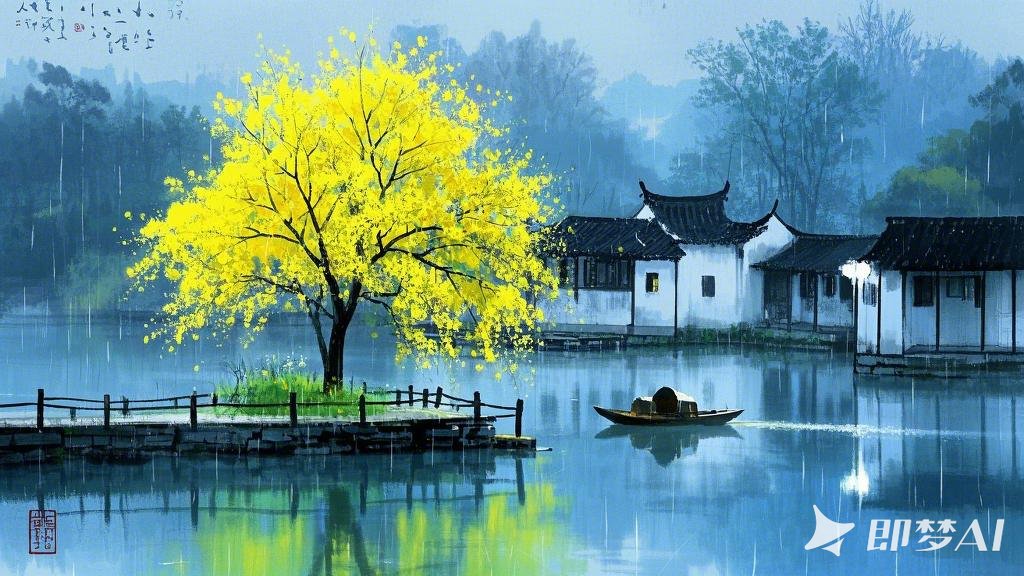 烟雨下江南，水墨，进深感，小湖边，小黄花，一棵黄花树，树后小水榭，远处有一小舟，.jpeg