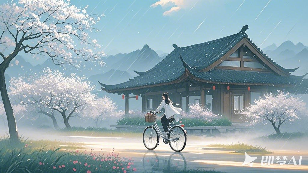 极淡水墨，空灵，孤寂，山水意境，极简，梨花桃花  古风木屋，人物户外自行车骑行较小.jpeg