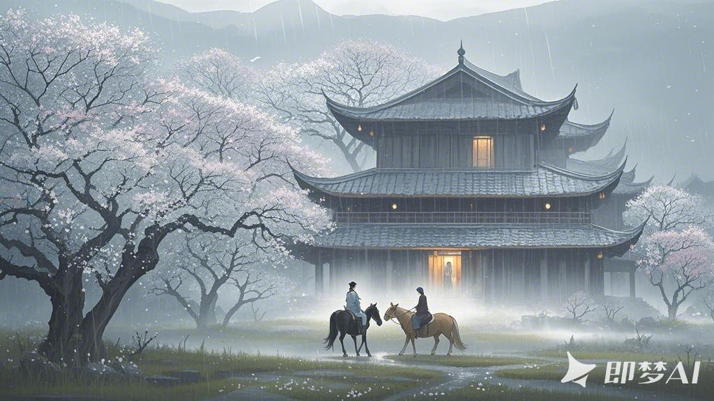极淡水墨，空灵，孤寂，山水意境，极简，梨花桃花  古风木屋，人物骑行，比较小，珠光.jpeg