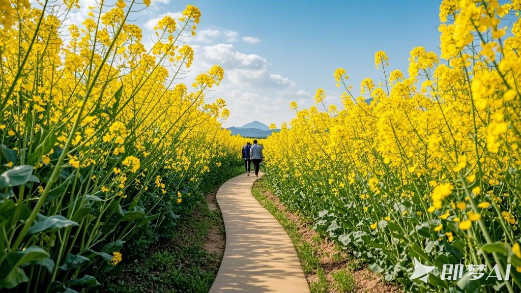 油菜花丛中，是一条乡村小道，油菜花很高，蓝蓝的天空，唯美画面，高清.jpeg