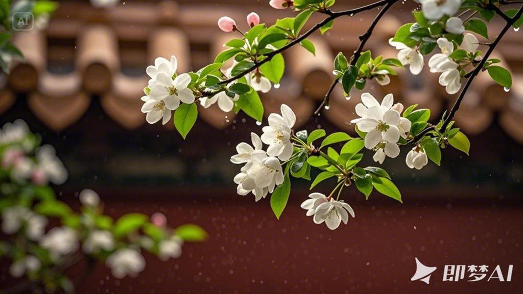 暗红色的宫墙，前面几支海棠花枝，海棠花盛开，白色花朵。雨水滴落，花朵微动。静谧 雅致.jpg