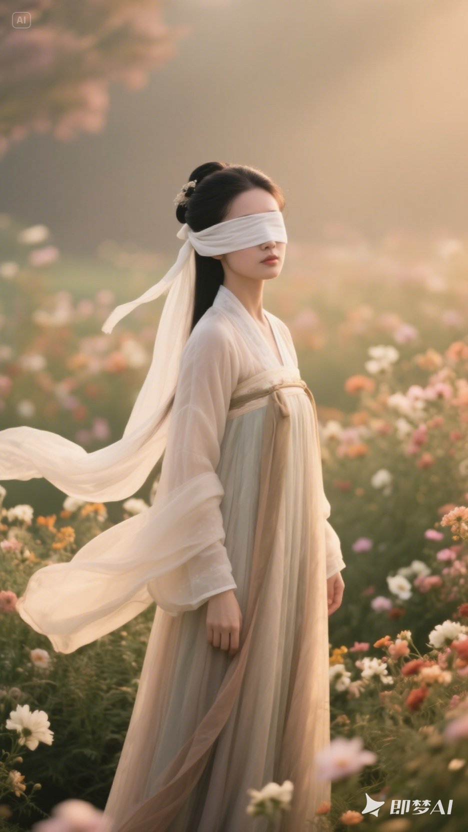 以为眼睛用白色布条遮住的古装美女全身照，背景为花海。这眼睛的布条很飘逸.jpeg