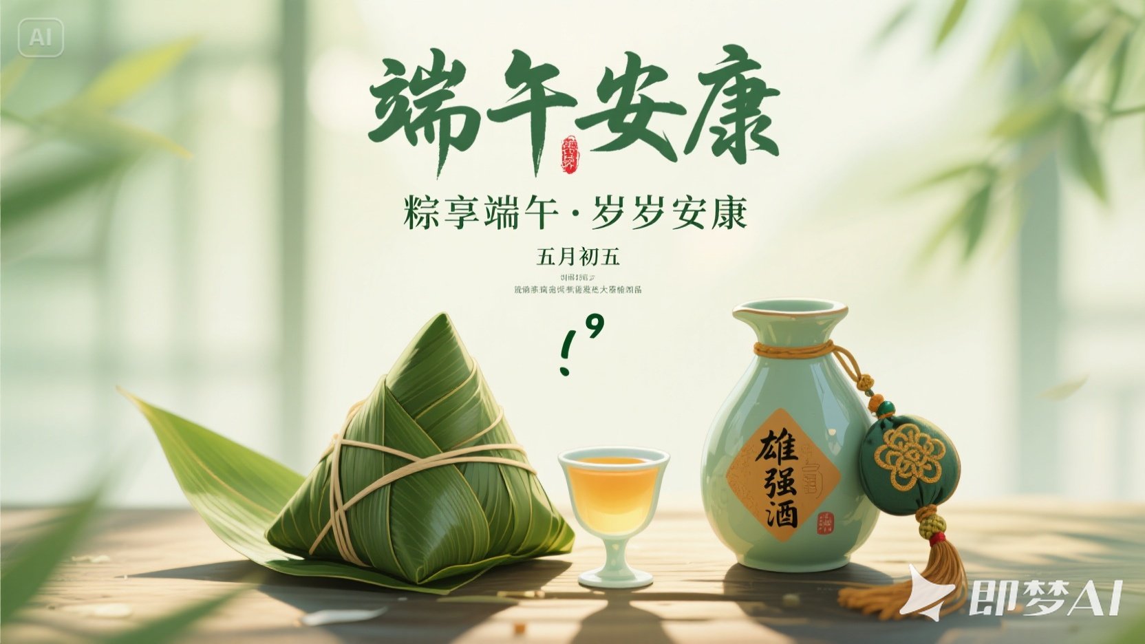 jimeng-2025-05-30-904-以端午节为主题的宣传图，画面呈现粽子、雄黄酒壶（酒壶上有“.jpeg