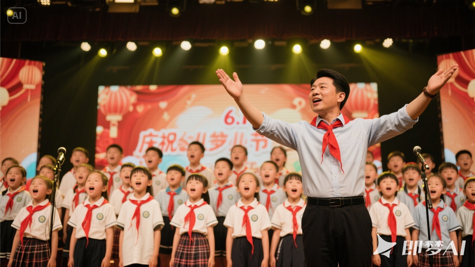 jimeng-2025-06-01-880-在一个舞台上，一群小朋友带着红领巾大合唱，庆祝6.1儿童节。.jpeg