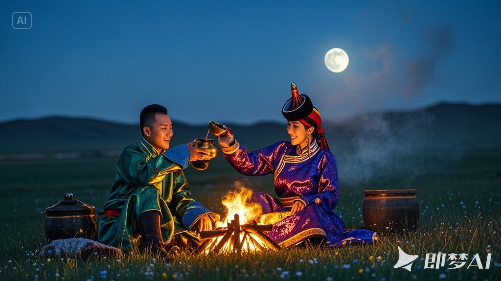 jimeng-2025-06-04-221-广袤的草原，月夜，月光清澈。星光，小野花在月夜也很鲜艳，蒙.jpeg