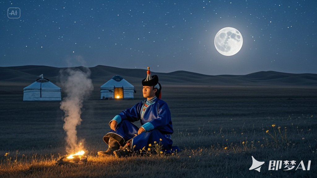 jimeng-2025-06-04-218-广袤的草原，月夜，月光清澈。星光，小野花在月夜也很鲜艳，蒙.jpeg