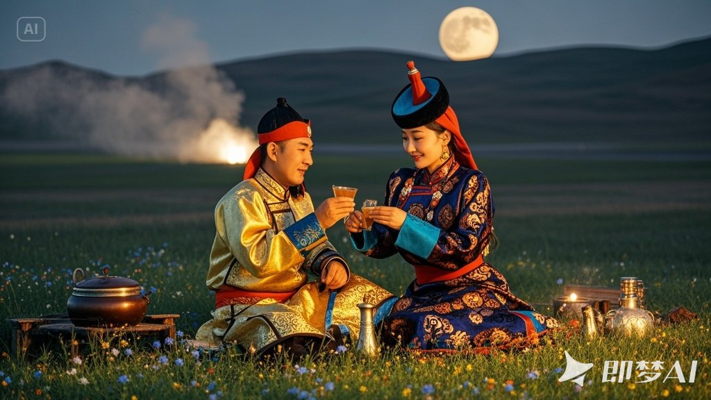 jimeng-2025-06-04-220-广袤的草原，月夜，月光清澈。星光，小野花在月夜也很鲜艳，蒙.jpeg