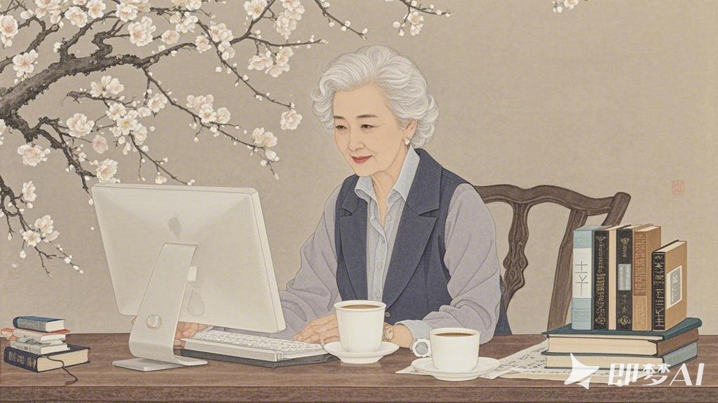 工笔，中年白发女人坐在电脑前，看着荧屏，姿态优雅，桌上有杯咖啡，现代服饰，背景是.jpeg