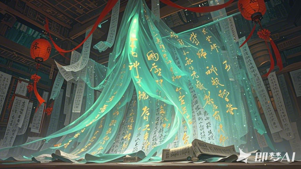 一个小小的人。浅绿色纱幔，写满毛笔字，写满毛笔字。毛笔字，报纸，满屏书法字，神秘.jpeg