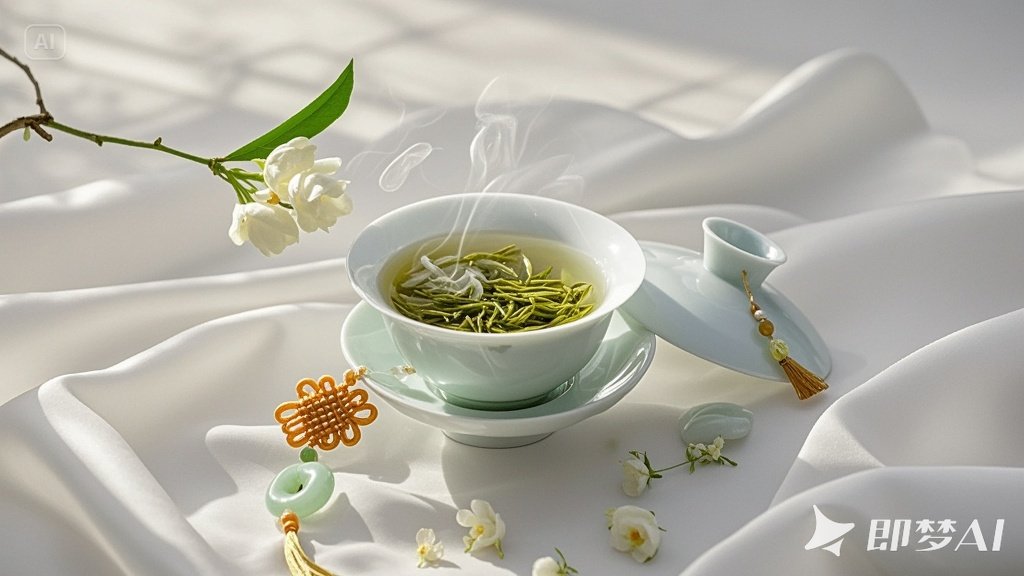 jimeng-2025-06-19-480-大片留白，晨光柔和，背景虚化纯白飘柔绸缎，左上角两枝茉莉花.jpeg