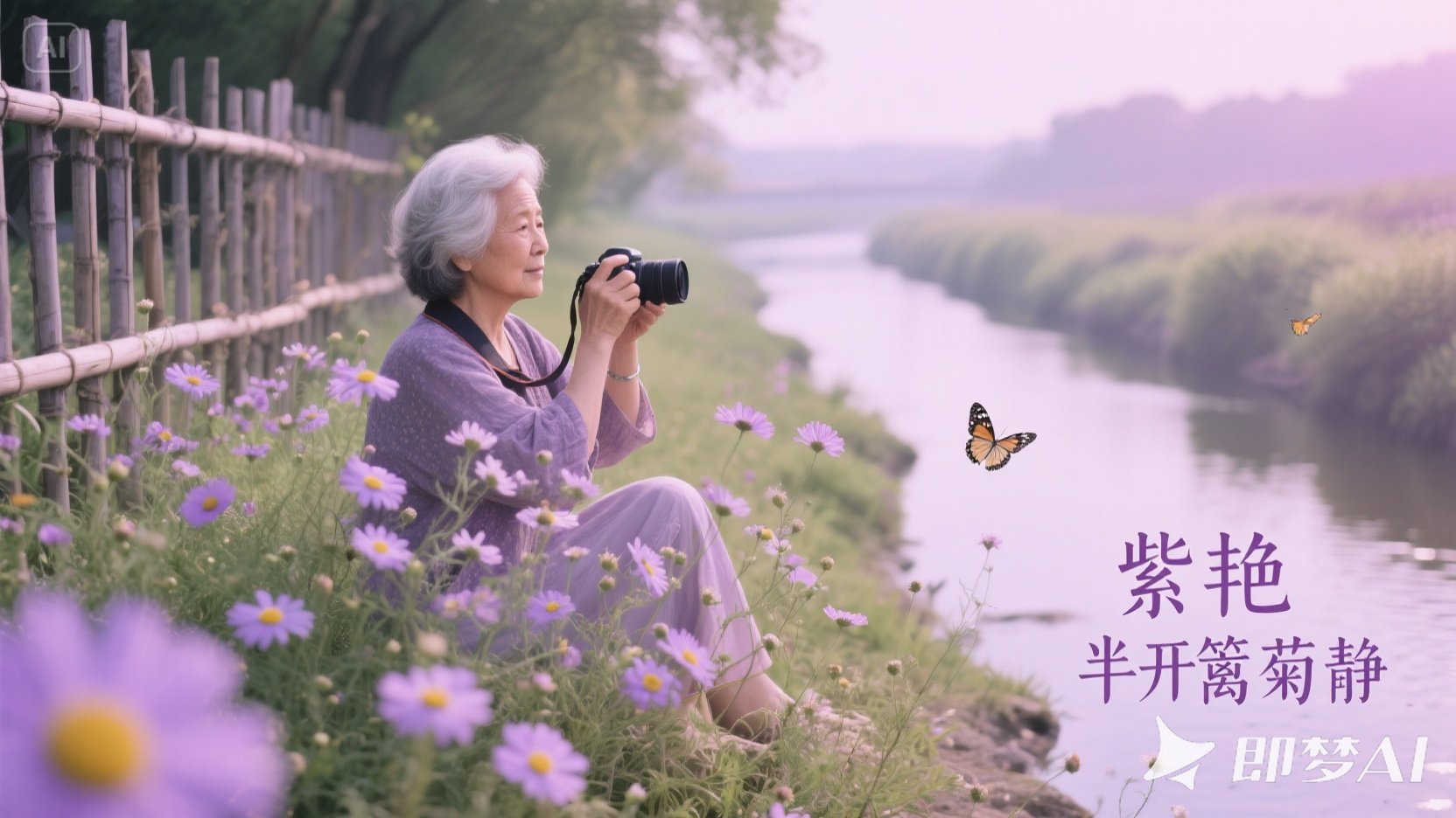 jimeng-2025-06-25-5892-一条小河，河岸上鲜嫩枝叶的紫色小雏菊花开的正好，小雏菊的.jpeg