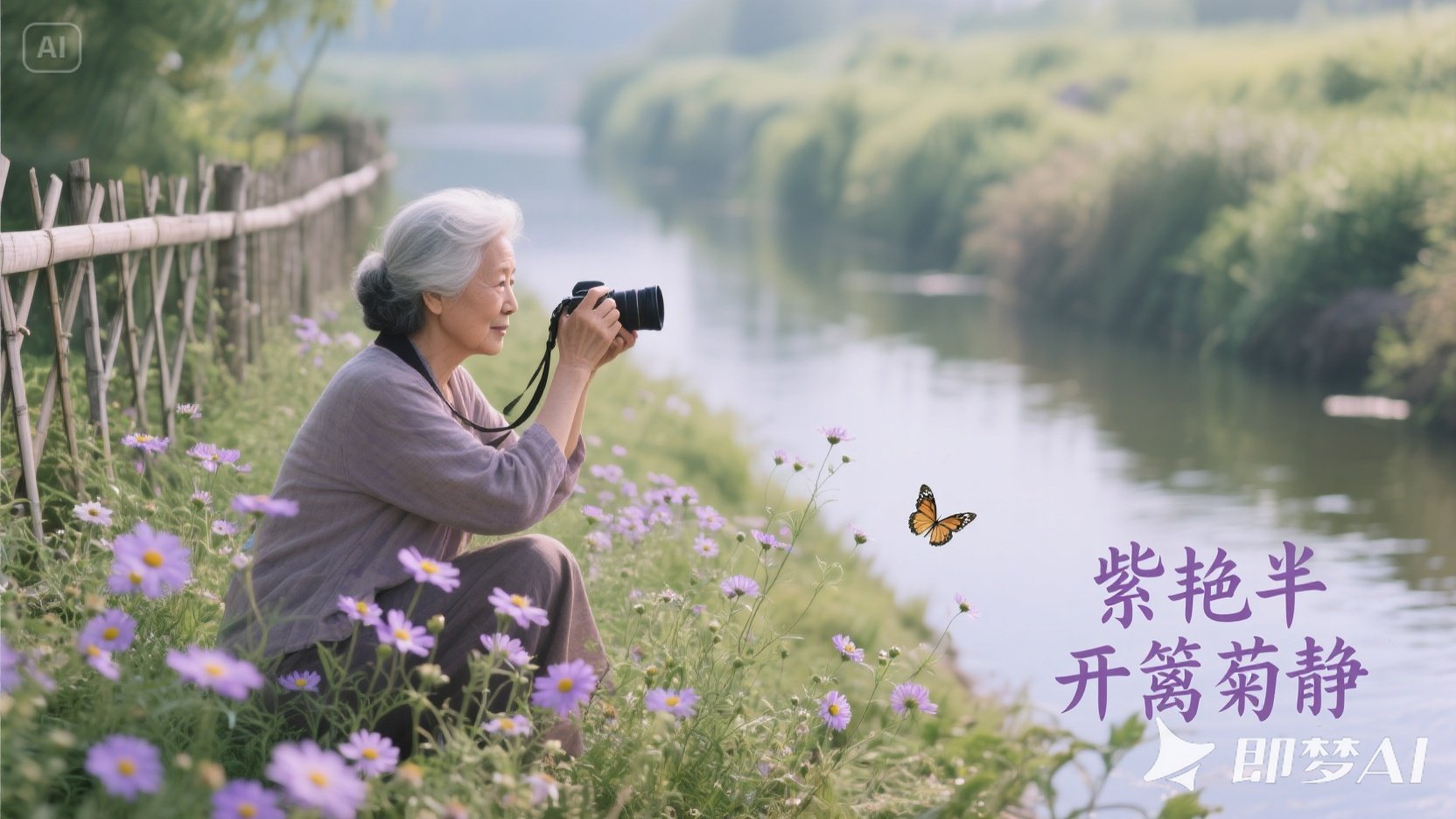 jimeng-2025-06-25-4199-一条小河，河岸上鲜嫩枝叶的紫色小雏菊花开的正好，小雏菊的.jpeg