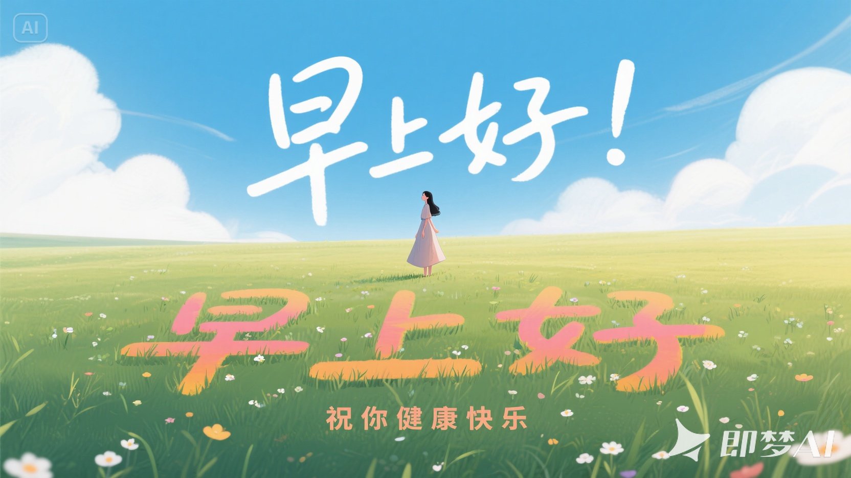 jimeng-2025-06-30-8801-广阔草原，细致，地上小草小花拼成早上好漂亮的立体字，有祝.jpeg