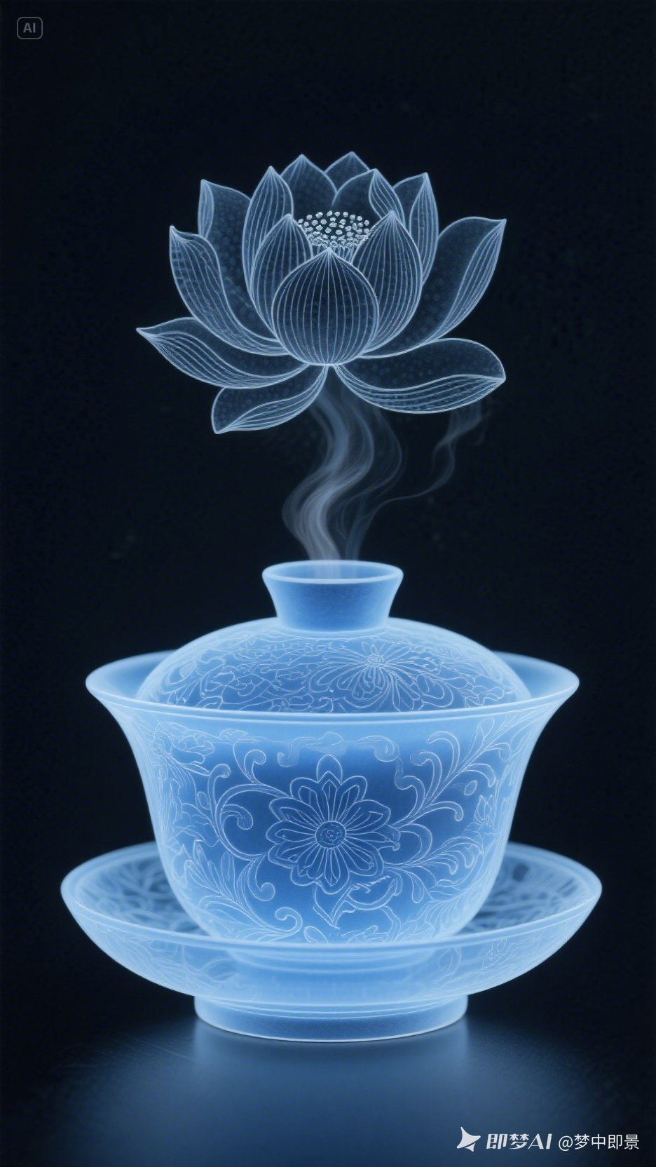 jimeng-2025-07-04-8625-穆卡，威廉·莫里斯，尼克·维西，微观摄影，蓝色的茶具，花.jpeg