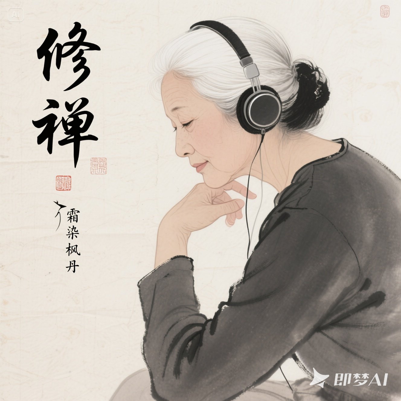jimeng-2025-07-05-8036-一幅禅修的图片，一位中年白发华人女性带着耳机在听歌，文字.jpeg