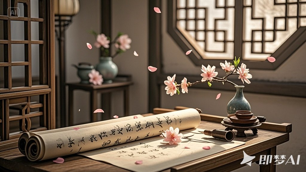jimeng-2025-06-28-3461-古代小窗前的书桌上，放着一卷画好的画卷，画卷上飘着几朵桃花花瓣.jpeg
