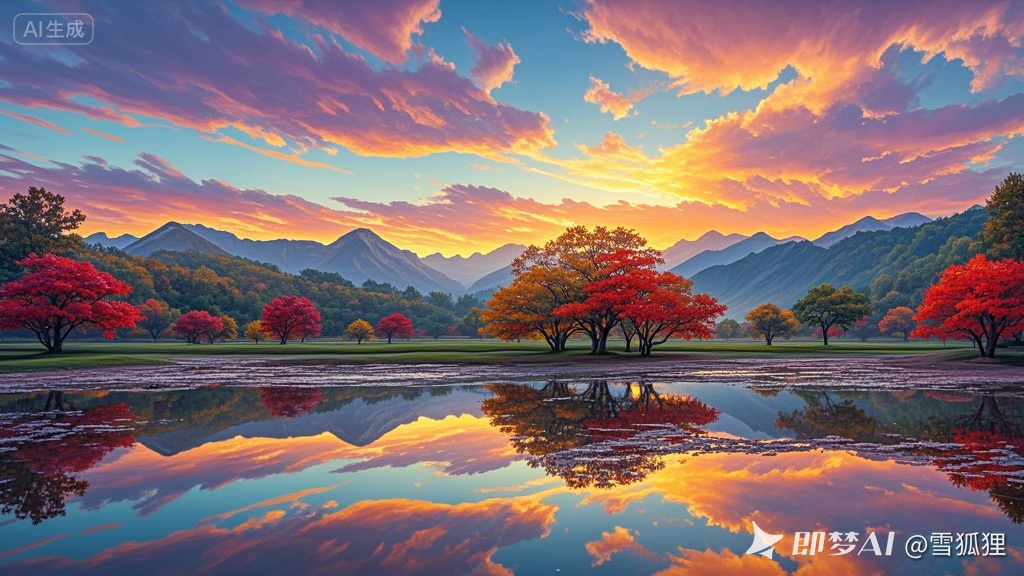jimeng-2025-05-18-9497-写实油画风格，全景画面。天空中云彩色彩丰富，有橙色、黄色.png