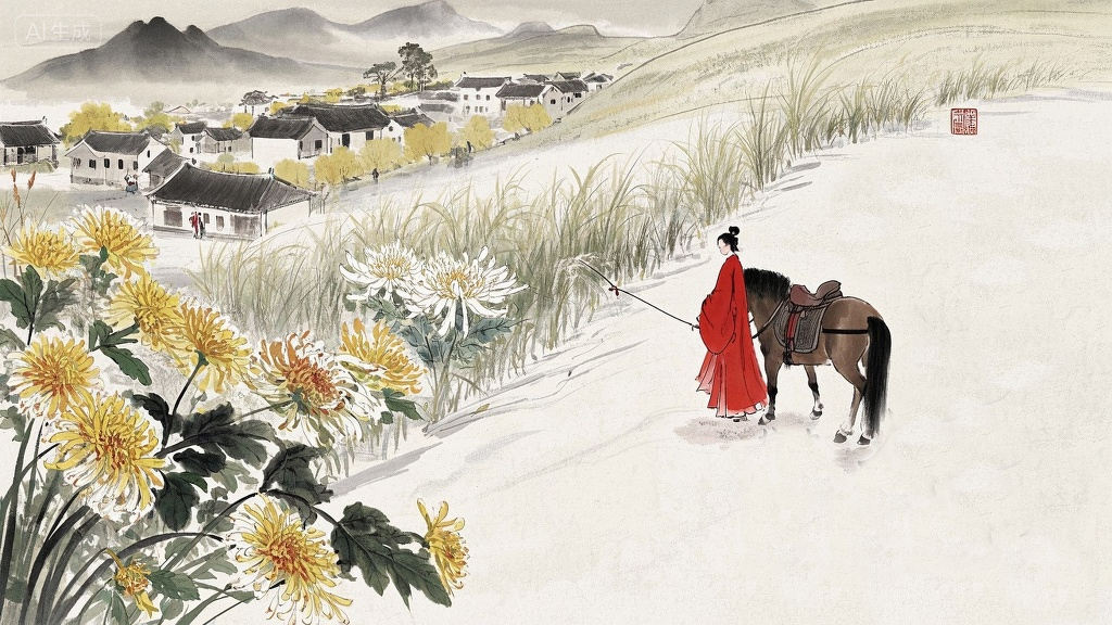 jimeng-2025-08-25-5601-新工笔 初秋，北方的风光，有芦苇 菊花 远山，古道，路上走着.jpg
