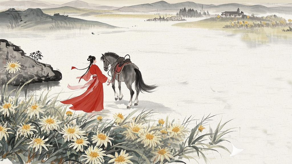 jimeng-2025-08-25-4191-新工笔 初秋，北方的风光，有芦苇 菊花 远山，路上走着一红衣.jpg