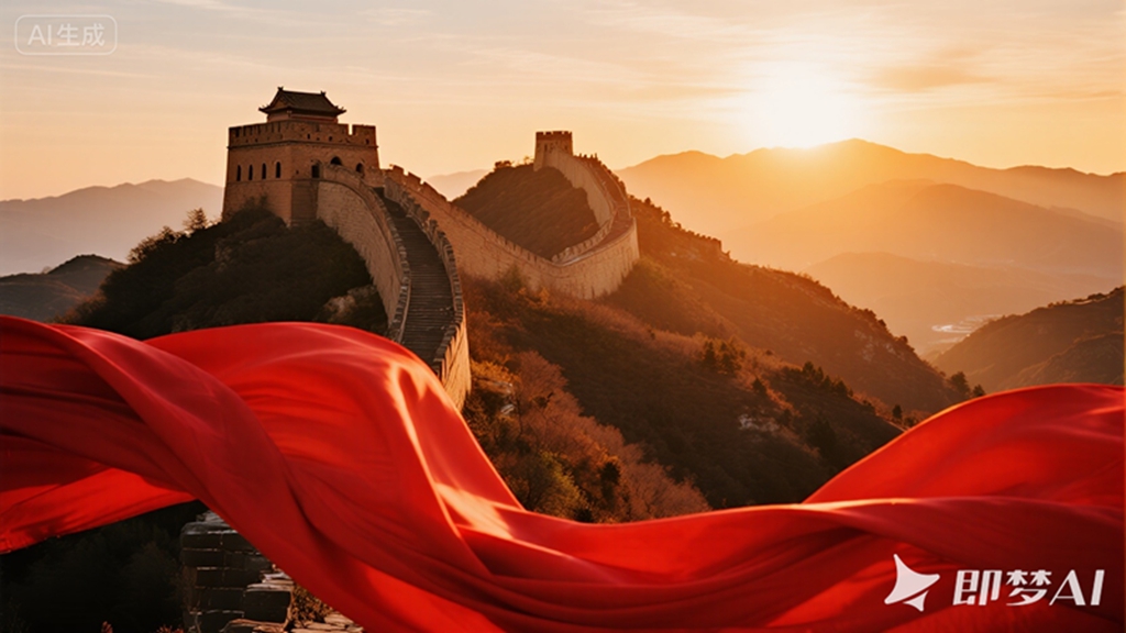 jimeng-2025-09-25-1311-长城、山脉、红日、红绸 色彩基调：暖金色、橙红色、朱红、浅.jpg
