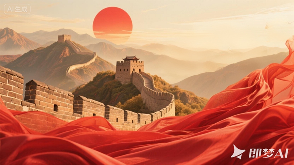 jimeng-2025-09-25-1712-长城、山脉、红日、红绸 色彩基调：暖金色、橙红色、朱红、浅.jpg