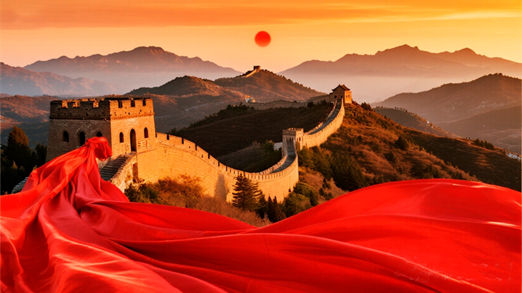 jimeng-2025-09-25-3556-长城、山脉、红日、红绸 色彩基调：暖金色、橙红色、朱红、浅.jpg