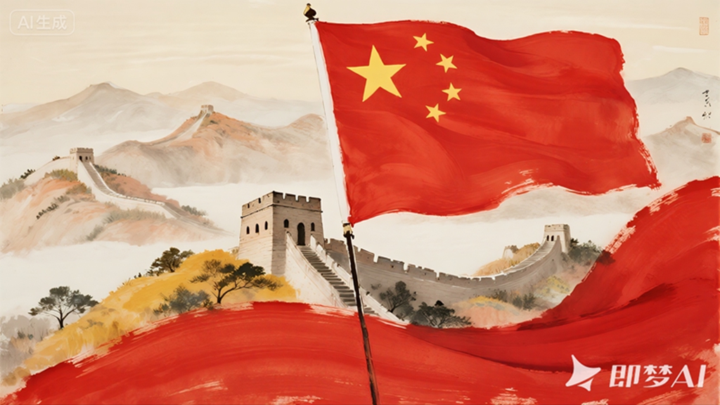 jimeng-2025-09-26-7426-长城和五星红旗国画风格，高清 大师作品，国庆氛围.jpg