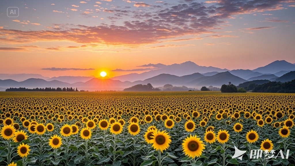 jimeng-2025-05-29-38-太阳刚升起地平线，天空有彩霞，地面全是葵花金灿灿。逶迤远山.jpg