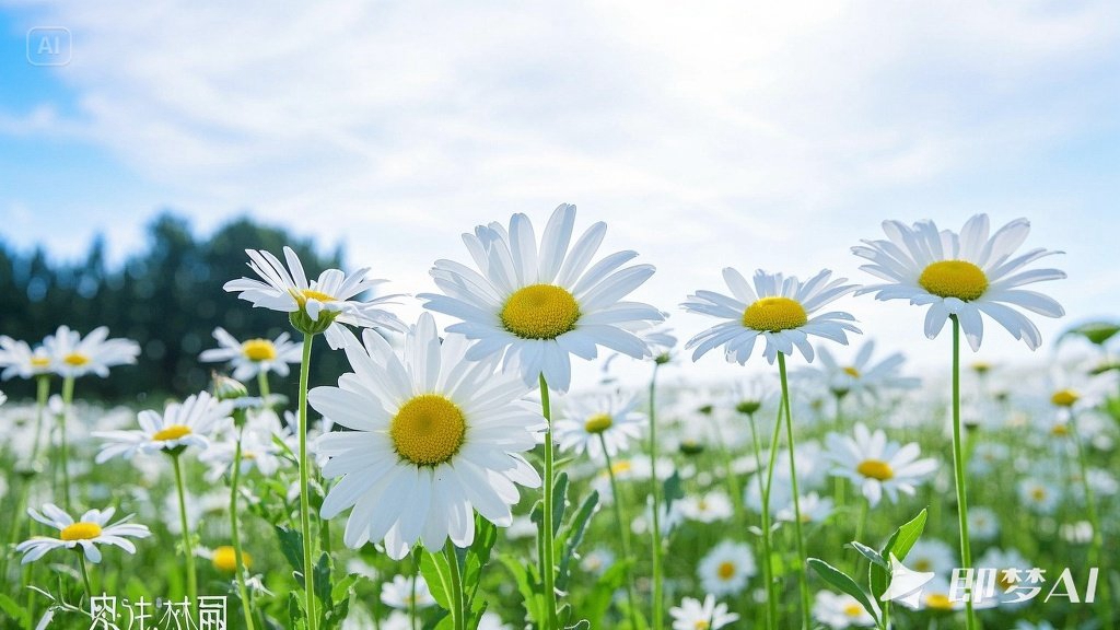 jimeng-2025-05-30-862-一片白色雏菊的田野，背景是天空。花的中心是黄色的，底部是绿.jpg