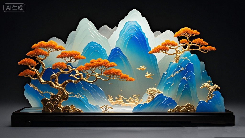 jimeng-2025-11-30-6952-新中式，山水画颜色渐变，色彩煊丽，桔色的长绒为树，蓝色的.jpg