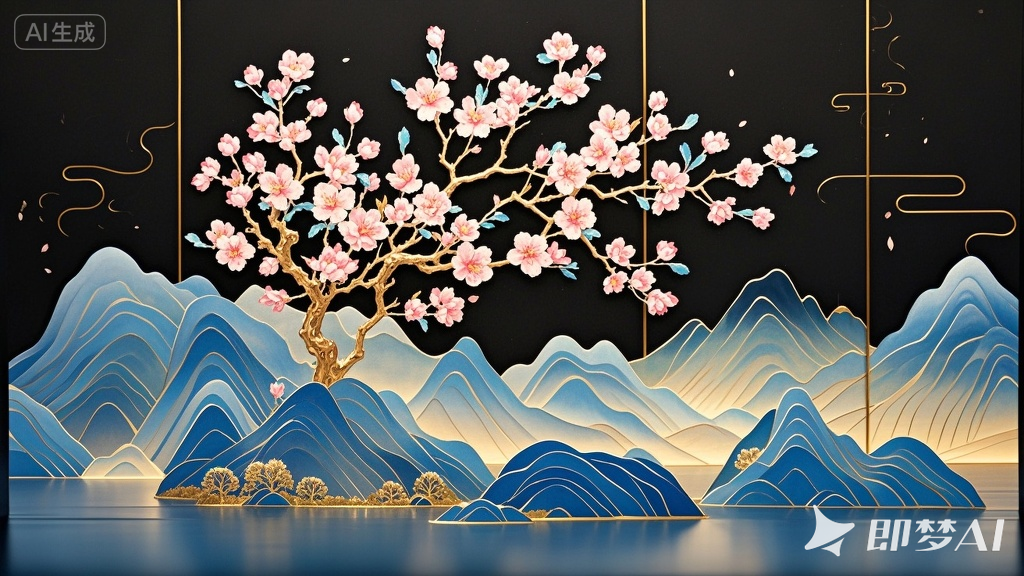 jimeng-2025-11-30-1765-新中式，山水画颜色渐变，色彩煊丽，粉色是开花的桃树，蓝色.png