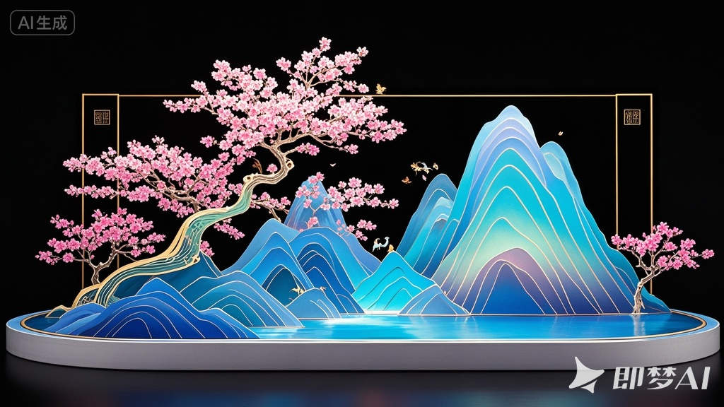 jimeng-2025-11-30-4436-新中式，山水画颜色渐变，色彩煊丽，粉色是开花的桃树，蓝色.png