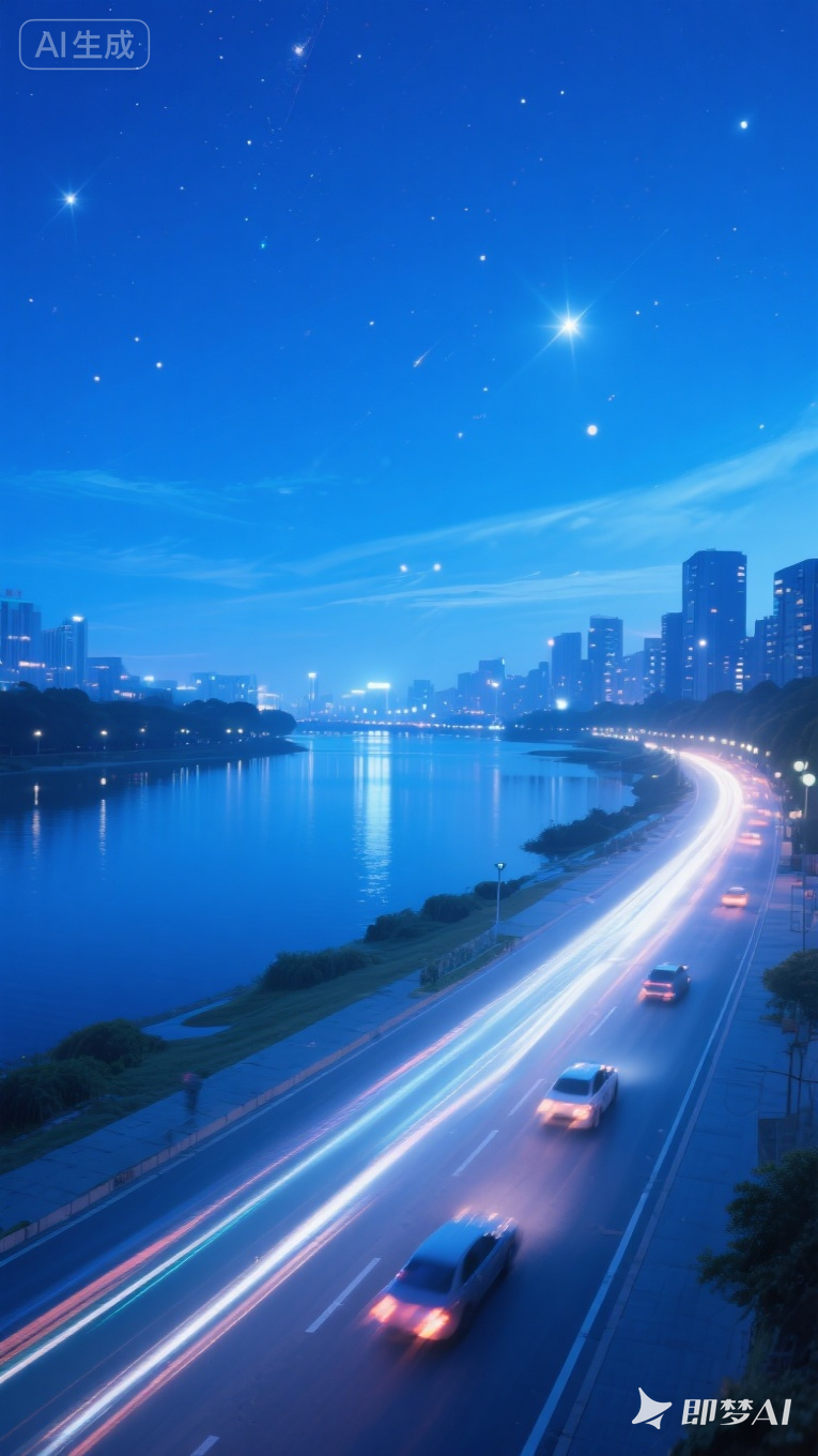 jimeng-2026-01-03-7286-蓝色的天空，清澈，星光闪动，湖水清澈流淌，夜晚的城市马路.png